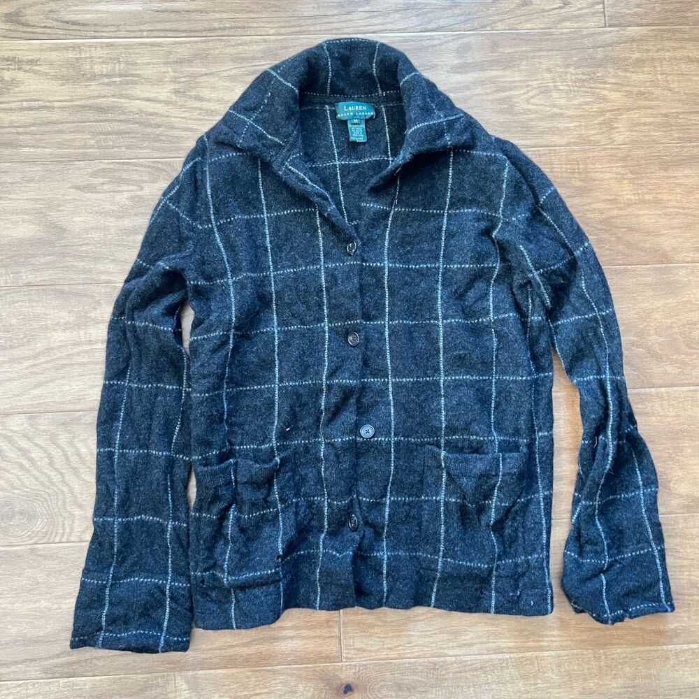 As Is Lauren Ralph Lauren Wool Cardigan Sweater Size M Black White Windowpane